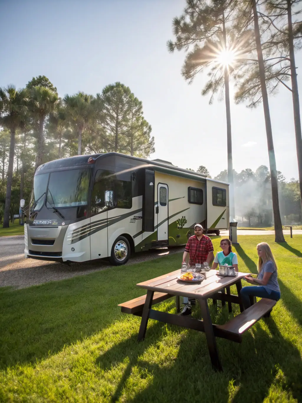 A luxurious motorhome parked in a scenic campsite, emphasizing its comfort and features.