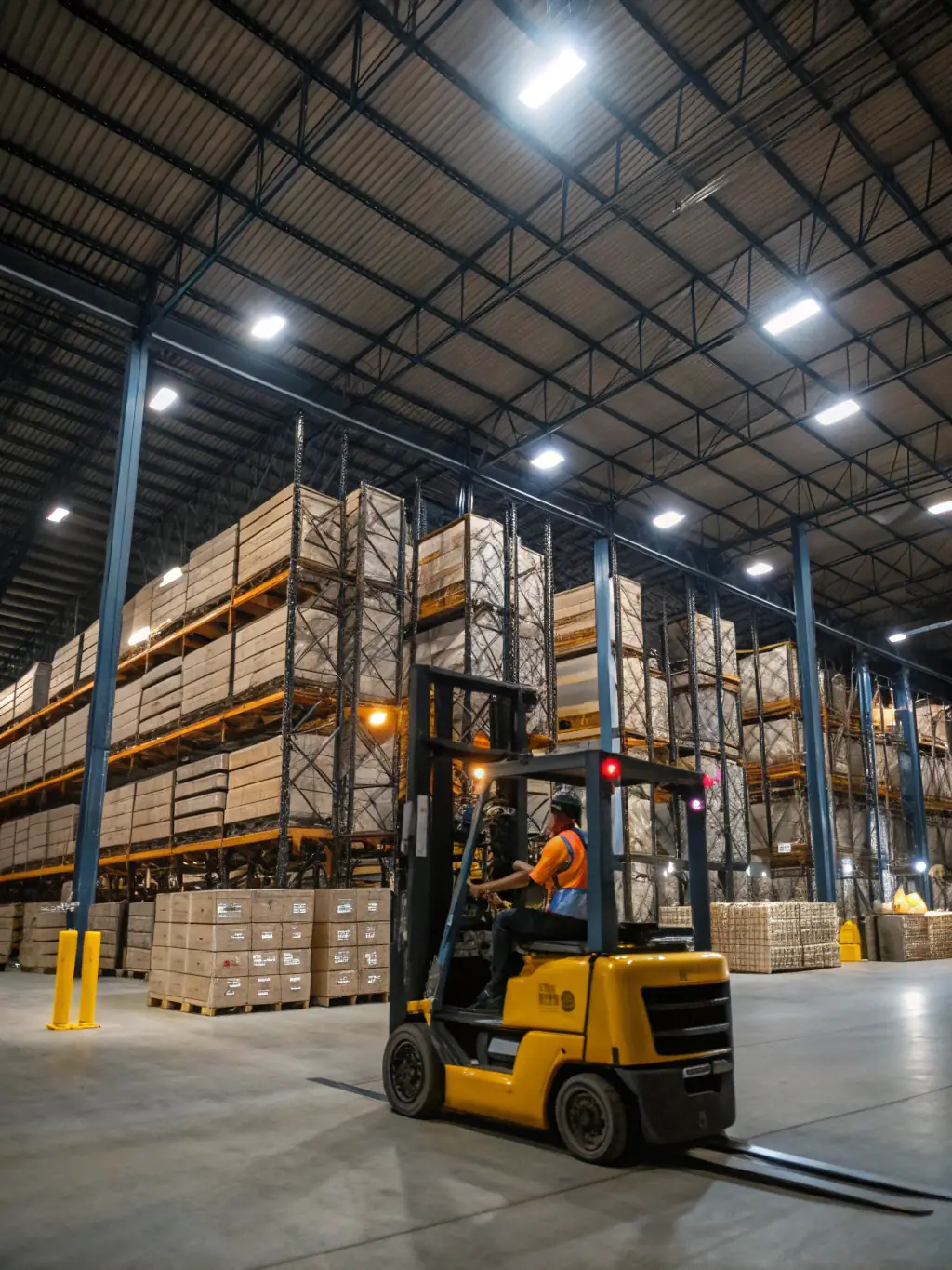 A clear photograph of a forklift in a warehouse setting, lifting a pallet of goods.