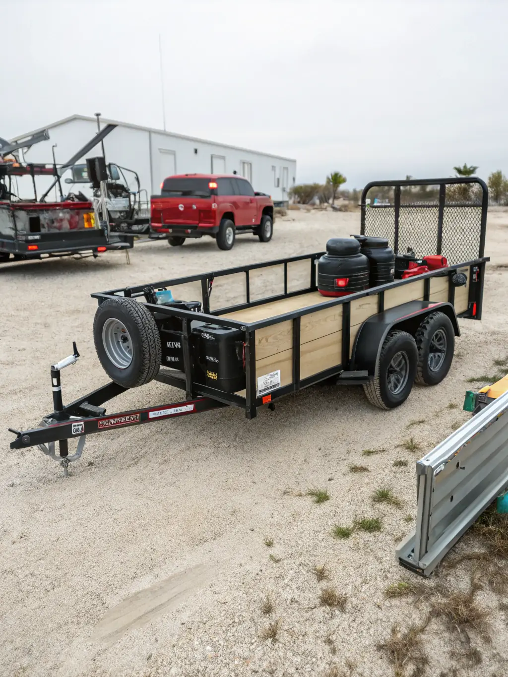 A well-maintained trailer parked on a lot, highlighting its size and features.