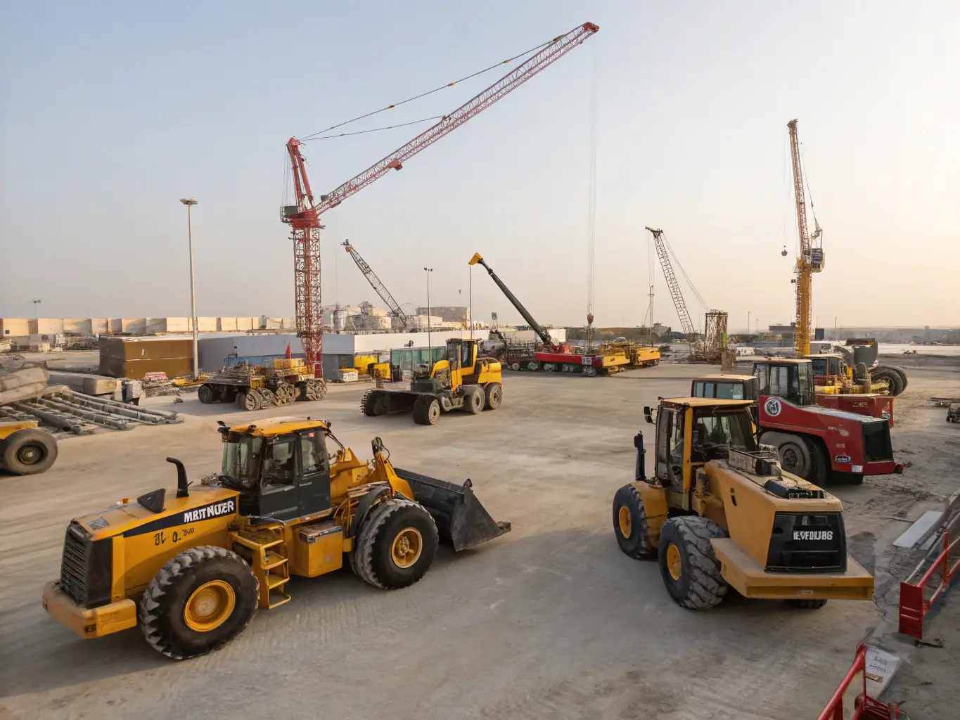 An image showcasing a variety of construction machinery like excavators and forklifts on a construction site, representing HB PLANT HIRE LTD's range of construction equipment.