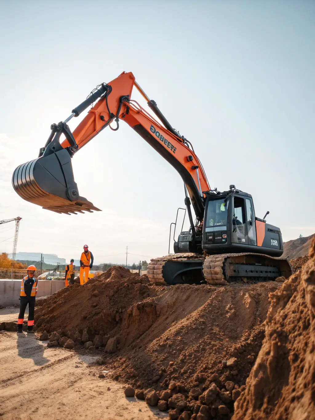A high-quality image of a modern digger on a construction site, showcasing its capabilities and size.