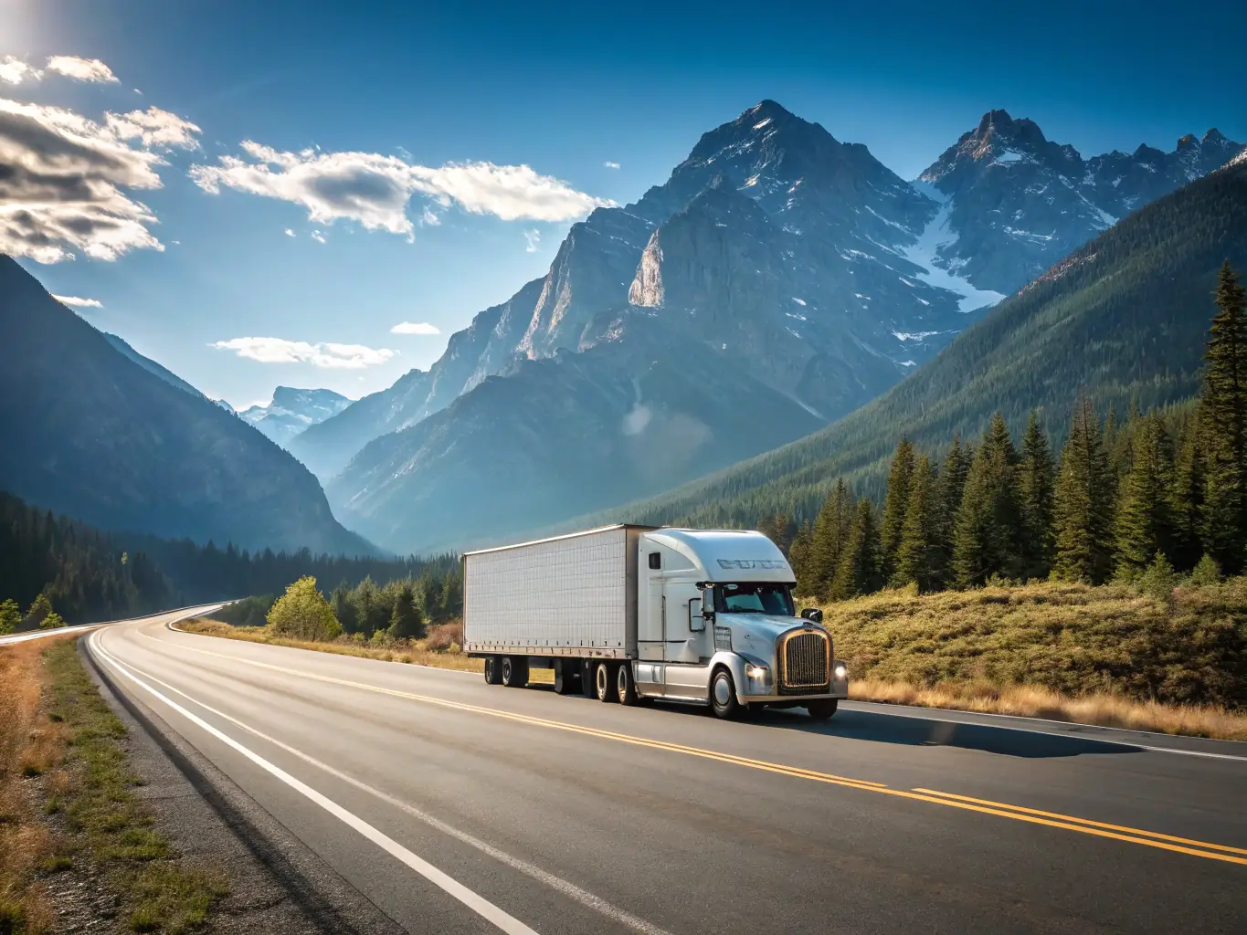 A delivery truck transporting a trailer across a scenic UK landscape, highlighting HB PLANT HIRE LTD's nationwide delivery service.