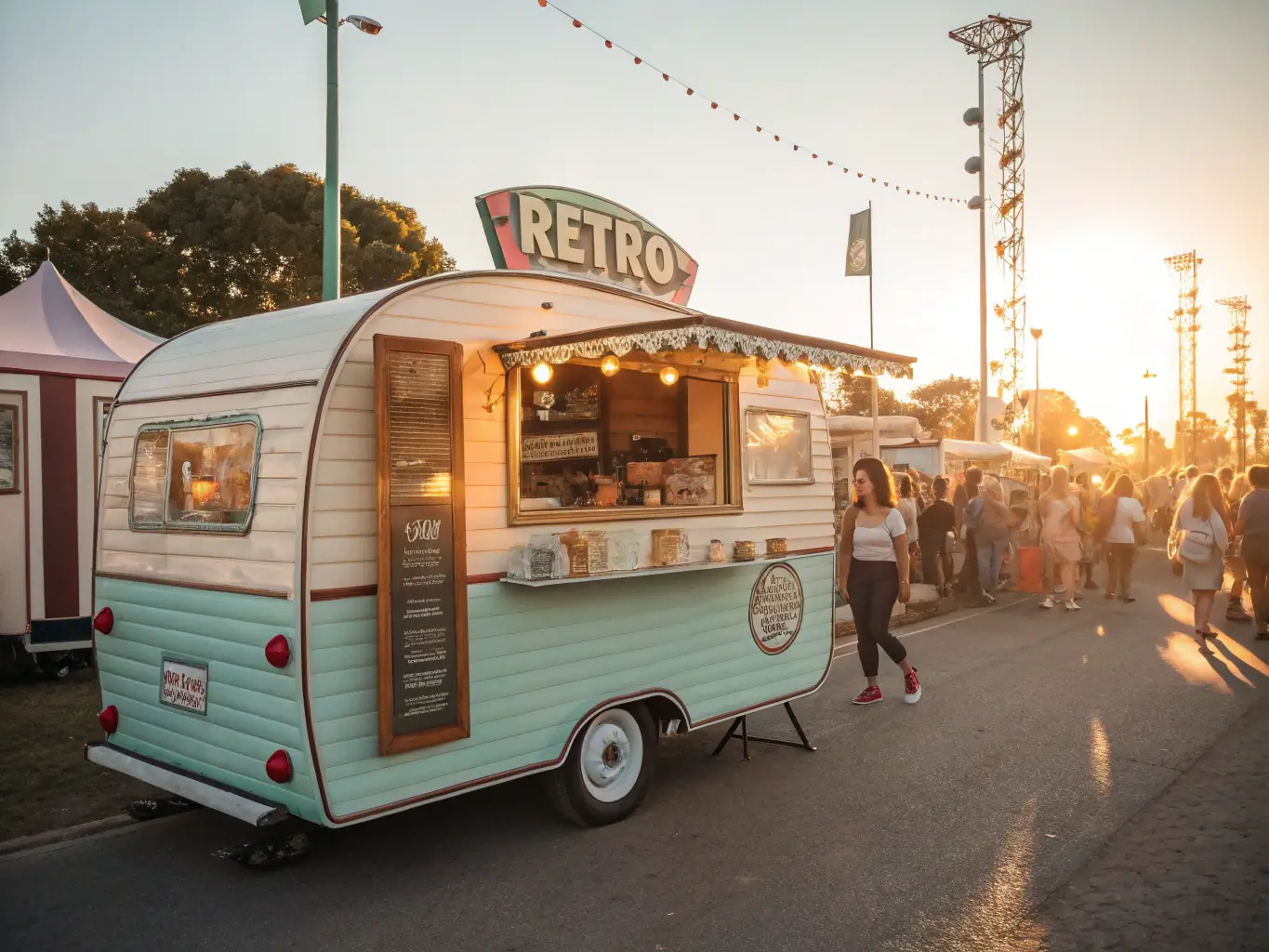 A catering trailer set up at an outdoor event, showcasing its functionality and appeal to potential buyers.